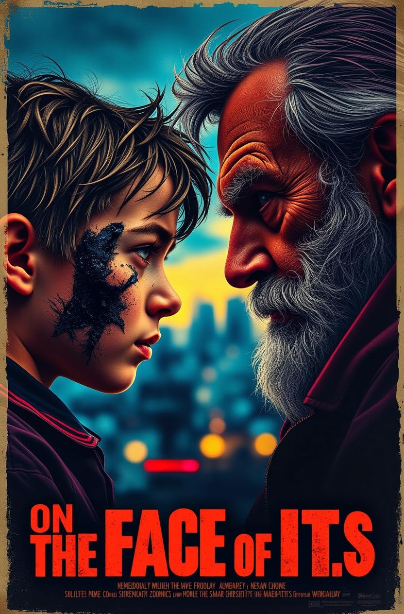 A captivating retro-style poster titled 'The Balled' featuring a dramatic face-off between a thirteen-year-old boy with a half-burnt face and an old man