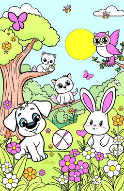 A delightful children's coloring book page featuring a variety of cartoon-style animals in a whimsical forest setting