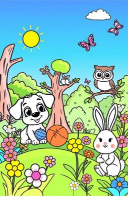 A delightful children's coloring book page featuring a variety of cartoon-style animals in a whimsical forest setting