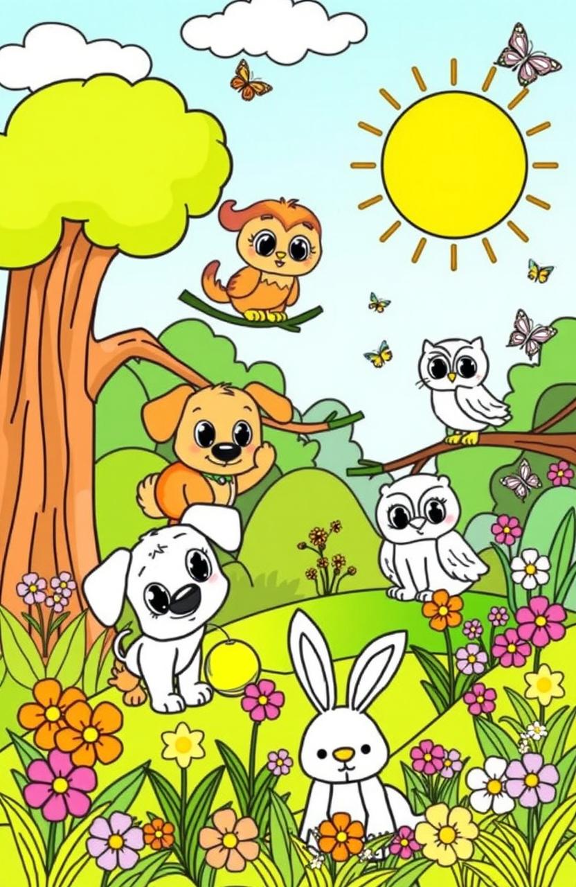 A delightful children's coloring book page featuring a variety of cartoon-style animals in a whimsical forest setting