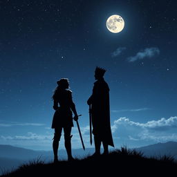 A fading silhouette of a female knight, adorned in subtle armor, standing proudly on a hilltop, gazing towards a distant horizon