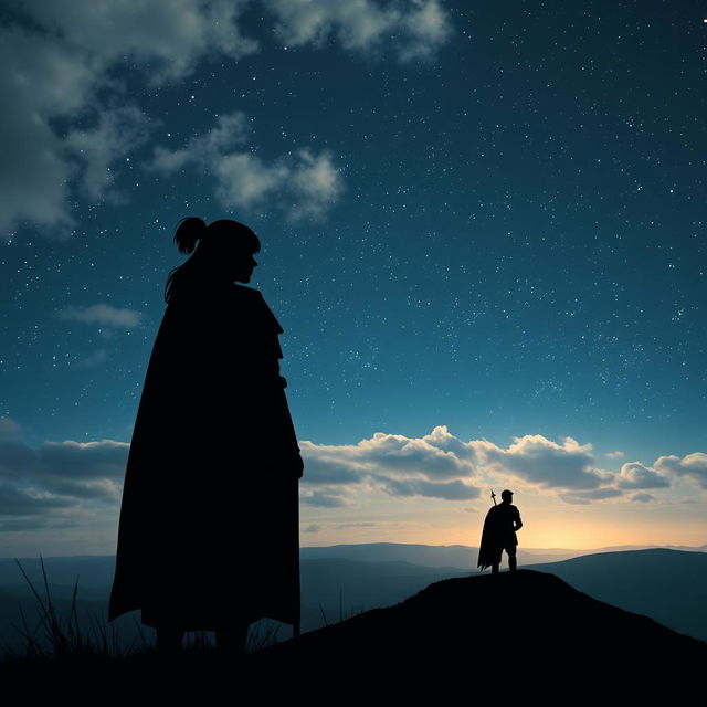 A fading silhouette of a female knight, adorned in subtle armor, standing proudly on a hilltop, gazing towards a distant horizon