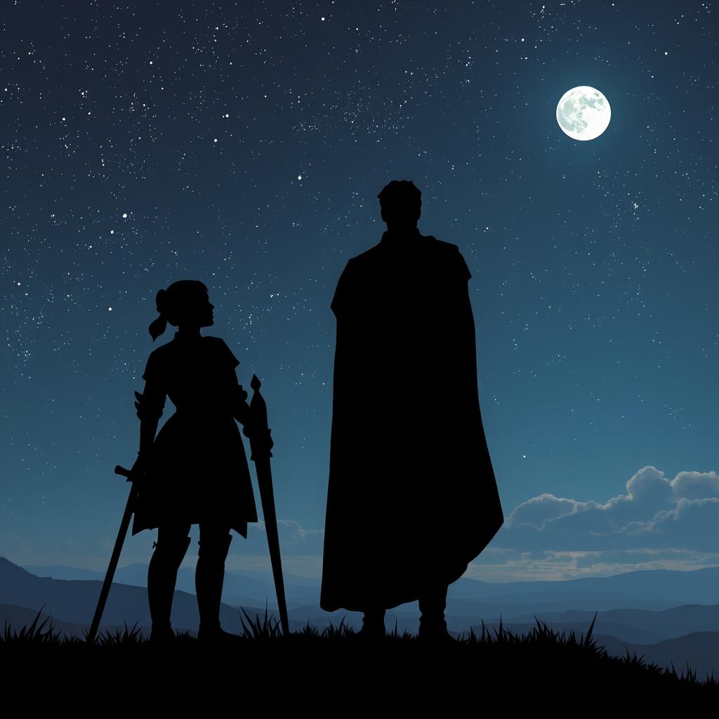 A fading silhouette of a female knight, adorned in subtle armor, standing proudly on a hilltop, gazing towards a distant horizon