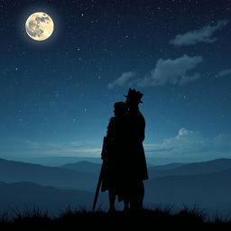A fading silhouette of a female knight, adorned in subtle armor, standing proudly on a hilltop, gazing towards a distant horizon