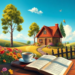 An imaginative depiction of a person's life, showcasing a serene landscape with a cozy cottage surrounded by vibrant flowers and tall trees