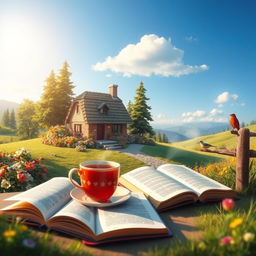 An imaginative depiction of a person's life, showcasing a serene landscape with a cozy cottage surrounded by vibrant flowers and tall trees