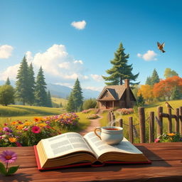 An imaginative depiction of a person's life, showcasing a serene landscape with a cozy cottage surrounded by vibrant flowers and tall trees