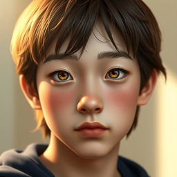 A hyperrealistic digital portrait of a 17-year-old boy with a diamond and oval-shaped face