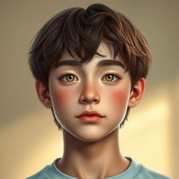 A hyperrealistic digital portrait of a 17-year-old boy with a diamond and oval-shaped face