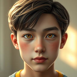 A hyperrealistic digital portrait of a 17-year-old boy with a diamond and oval-shaped face