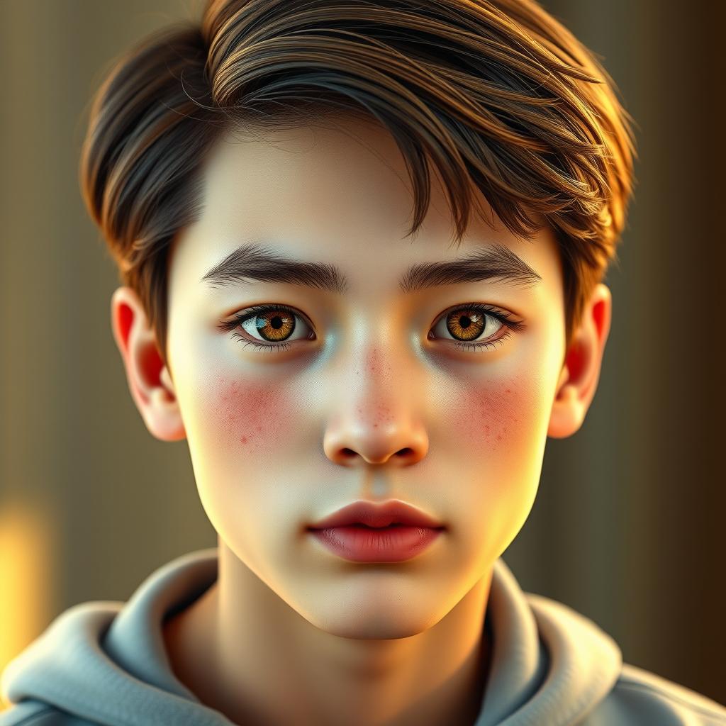 A hyperrealistic digital portrait of a 17-year-old boy with a diamond and oval-shaped face