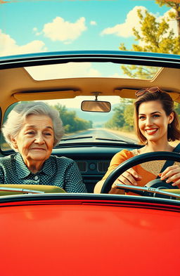 A captivating retro style poster featuring a warm, nostalgic scene inside a vintage car