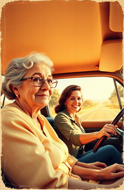 A captivating retro style poster featuring a warm, nostalgic scene inside a vintage car
