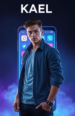 A book cover depicting a confident young man named Kael, dressed in stylish casual clothing, standing in front of a glowing smartphone or laptop screen