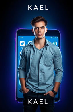 A book cover depicting a confident young man named Kael, dressed in stylish casual clothing, standing in front of a glowing smartphone or laptop screen