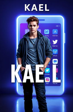 A book cover depicting a confident young man named Kael, dressed in stylish casual clothing, standing in front of a glowing smartphone or laptop screen