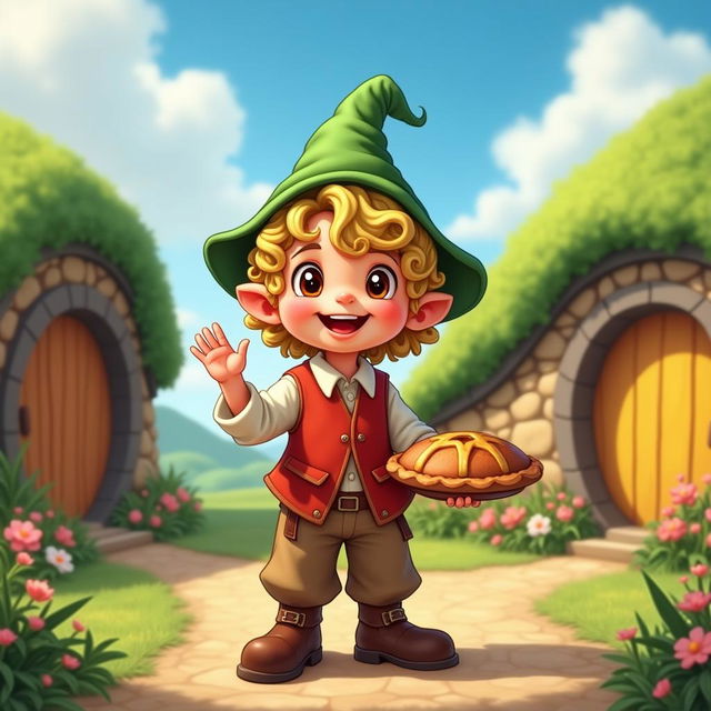 A charming halfling character standing cheerfully in a quaint village