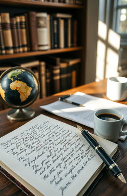 A well-organized desk featuring an open leather-bound notebook filled with handwritten notes in neat cursive