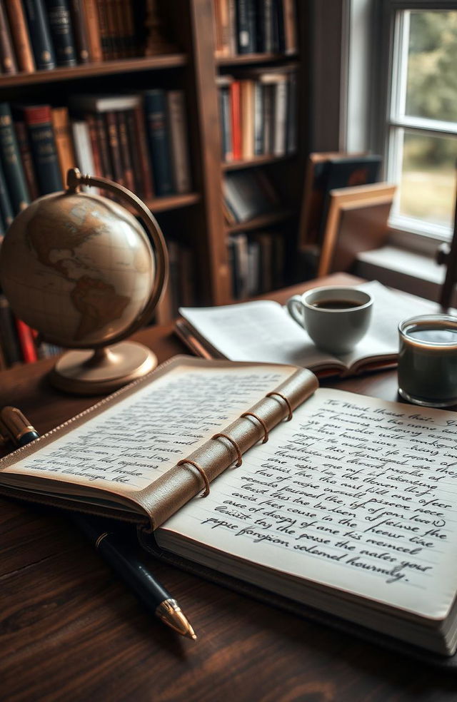 A well-organized desk featuring an open leather-bound notebook filled with handwritten notes in neat cursive