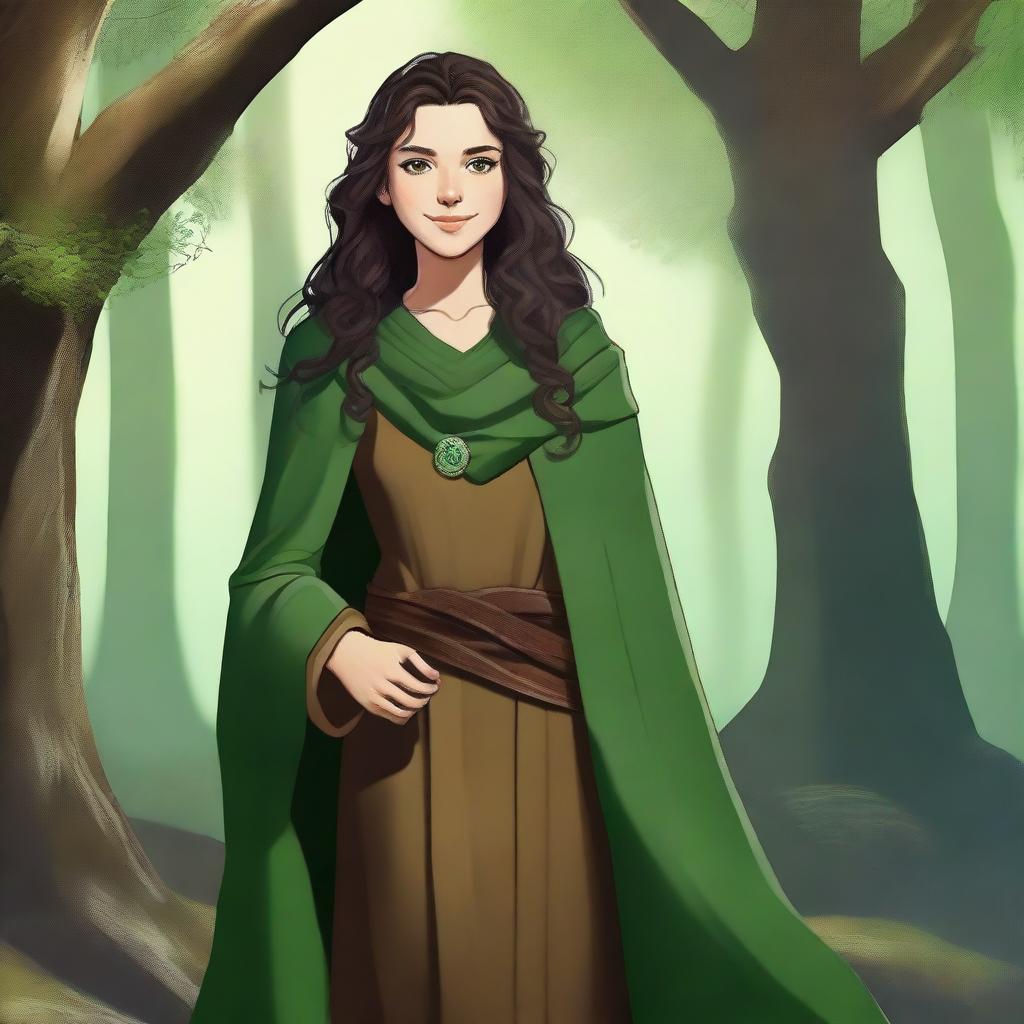 A high-definition digital art image depicts a teenage female druid with a radiant smile