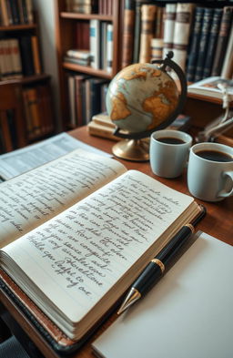A well-organized desk featuring an open leather-bound notebook filled with handwritten notes in neat cursive