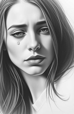 A somber portrait of a woman depicted in pencil, showing her deep sadness in her expression
