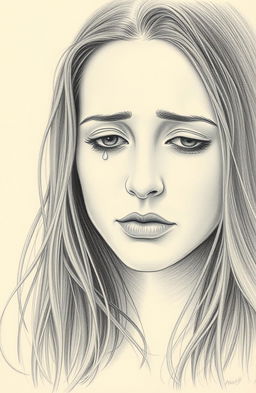 A somber portrait of a woman depicted in pencil, showing her deep sadness in her expression