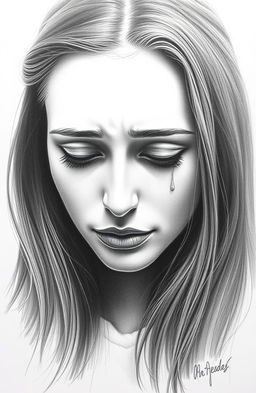 A somber portrait of a woman depicted in pencil, showing her deep sadness in her expression