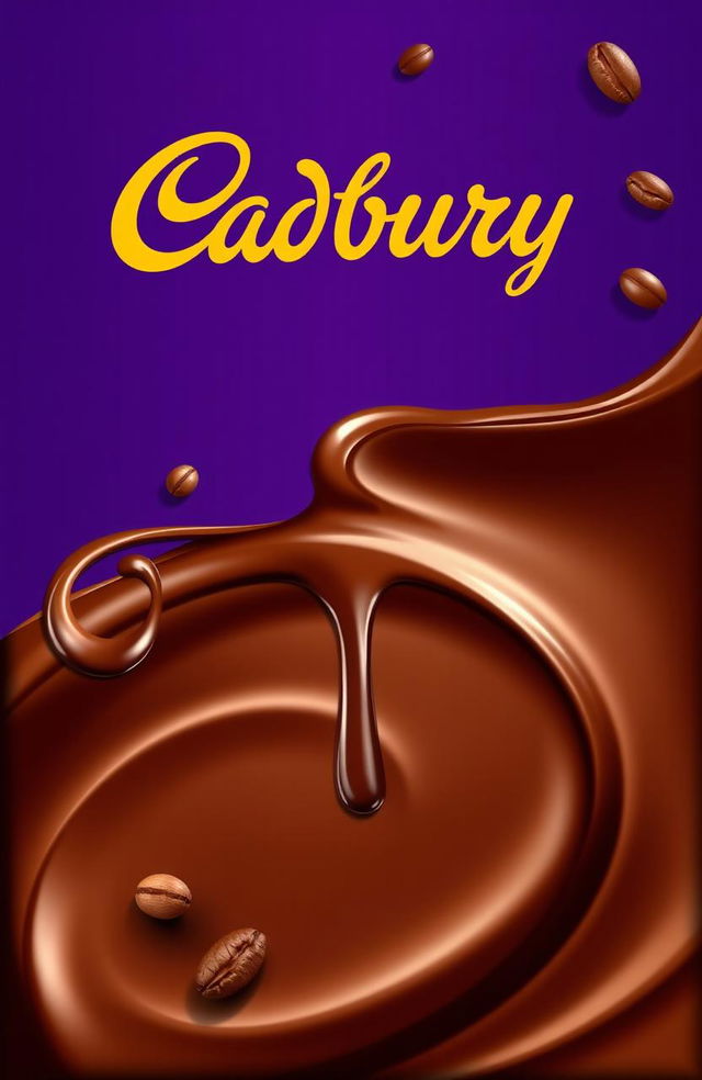 A visually appealing design concept for Cadbury chocolate, showcasing a glossy chocolate surface with rich, deep brown hues