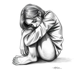 A poignant pencil drawing of a woman curling up in a melancholic posture, conveying her sadness