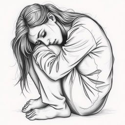 A poignant pencil drawing of a woman curling up in a melancholic posture, conveying her sadness