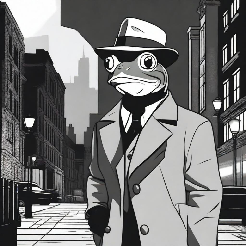 A high-quality 2D cartoon-style image, depicting a frog in a noir setting