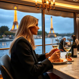 Clara, a beautiful blonde woman with tanned skin and model-like stature, dining in a chic restaurant in Paris along the Seine River with a stunning view of the Eiffel Tower