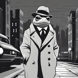 A high-quality 2D cartoon-style image, depicting a frog in a noir setting