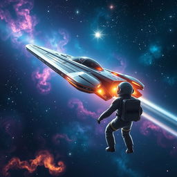 A stunning digital art scene depicting space exploration for a sci-fi book cover, featuring a futuristic spaceship soaring through the cosmos