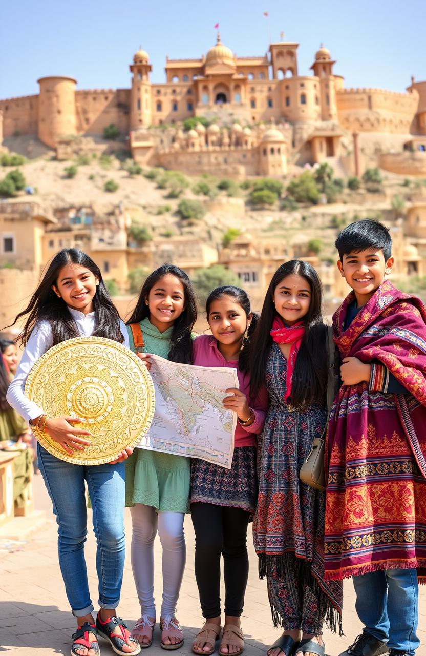 Five 15-year-old adolescents in an enchanting Jaisalmer background, showcasing the stunning architecture of the Golden Fort