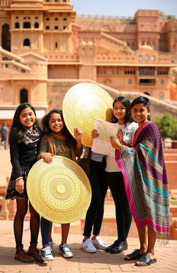 Five 15-year-old adolescents in an enchanting Jaisalmer background, showcasing the stunning architecture of the Golden Fort