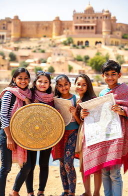 Five 15-year-old adolescents in an enchanting Jaisalmer background, showcasing the stunning architecture of the Golden Fort