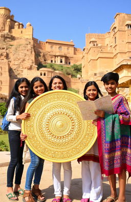 Five 15-year-old adolescents in an enchanting Jaisalmer background, showcasing the stunning architecture of the Golden Fort