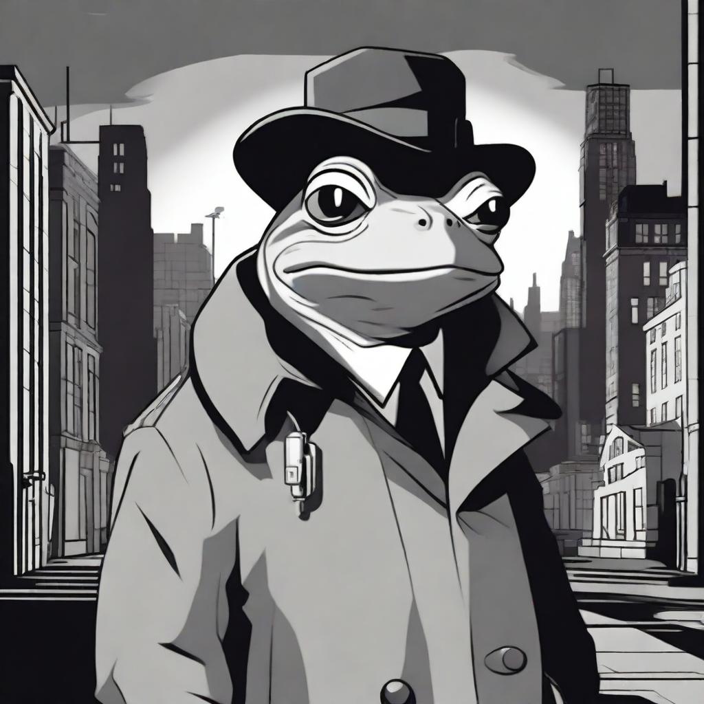 A high-quality 2D cartoon-style image, depicting a frog in a noir setting