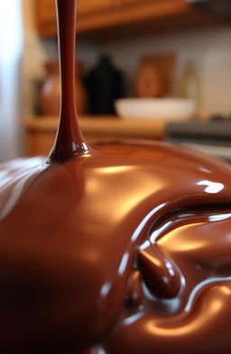 A close-up shot of glossy, melted chocolate with a rich, deep brown color, showing the reflective surface that glistens under soft lighting