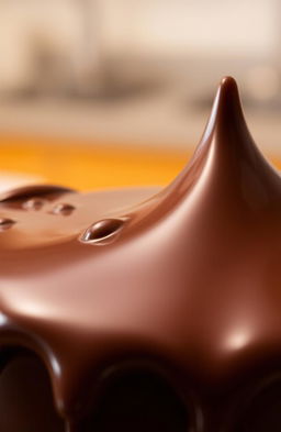 A close-up shot of glossy, melted chocolate with a rich, deep brown color, showing the reflective surface that glistens under soft lighting