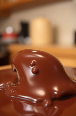 A close-up shot of glossy, melted chocolate with a rich, deep brown color, showing the reflective surface that glistens under soft lighting