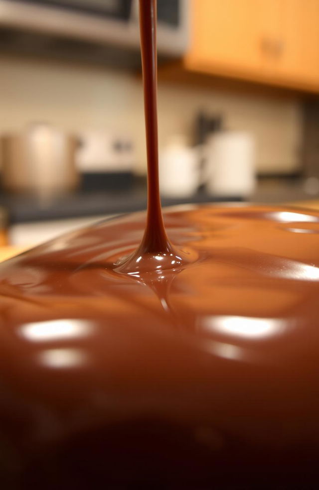 A close-up shot of glossy, melted chocolate with a rich, deep brown color, showing the reflective surface that glistens under soft lighting