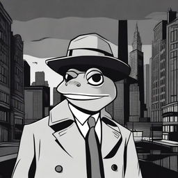 A high-quality 2D cartoon-style image, depicting a frog in a noir setting