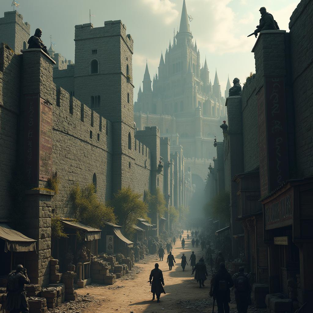 A dark and gritty scene set in a medieval city, showcasing a heavily fortified environment