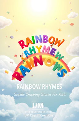 A dreamy and uplifting book cover for 'RAINBOW RHYMES,' showing joyful children joyfully climbing a vibrant rainbow constructed from colorful rhyming words