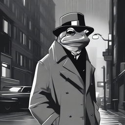 A high-quality stylized drawing featuring a frog in a noir setting