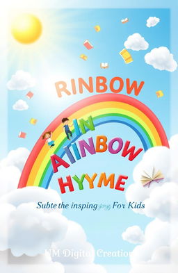 A dreamy and uplifting book cover for 'RAINBOW RHYMES,' showing joyful children joyfully climbing a vibrant rainbow constructed from colorful rhyming words