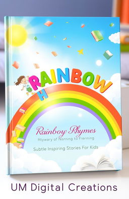 A dreamy and uplifting book cover for 'RAINBOW RHYMES,' showing joyful children joyfully climbing a vibrant rainbow constructed from colorful rhyming words